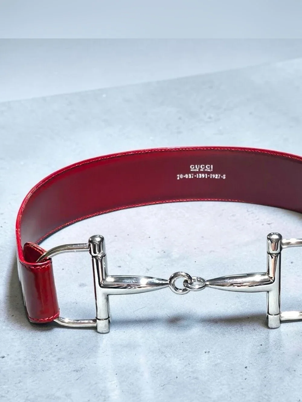 Gucci Red Patent Leather Horsebit Waist Belt with Silver Hardware